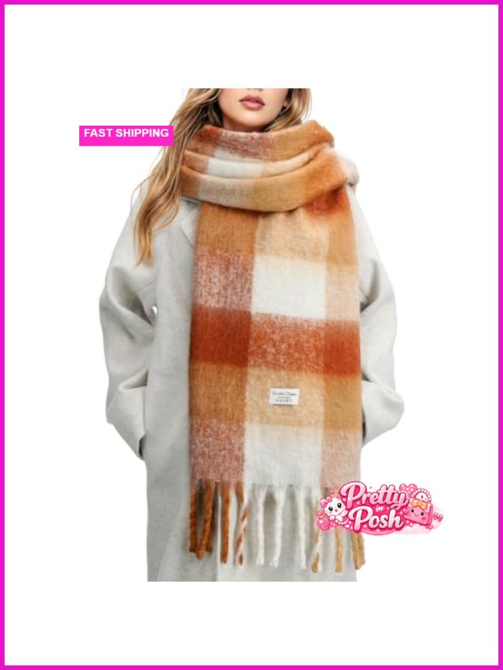 Oversized Plaid Winter Scarf Soft Acrylic Tassel Wrap Warm Shawl